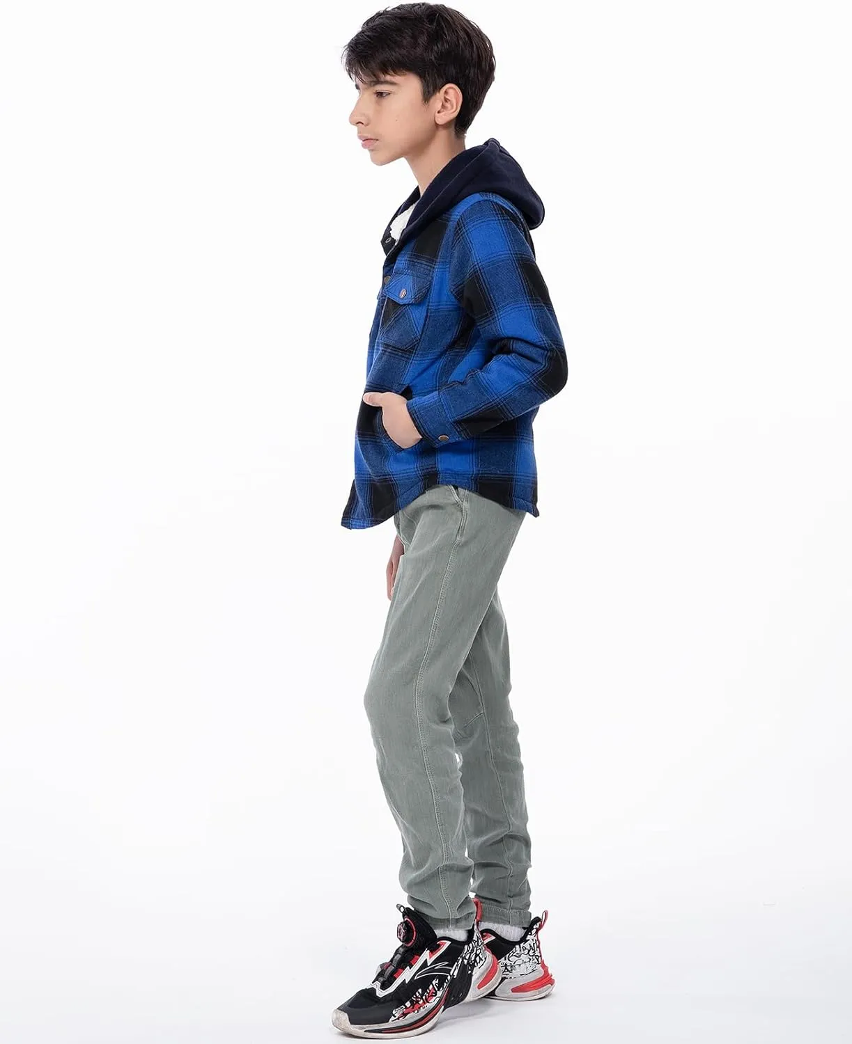 ZENTHACE Kids Boys Girls Sherpa Lined Flannel Shacket Jacket,Hooded Plaid Snap Shirt,Fall Winter Playwear