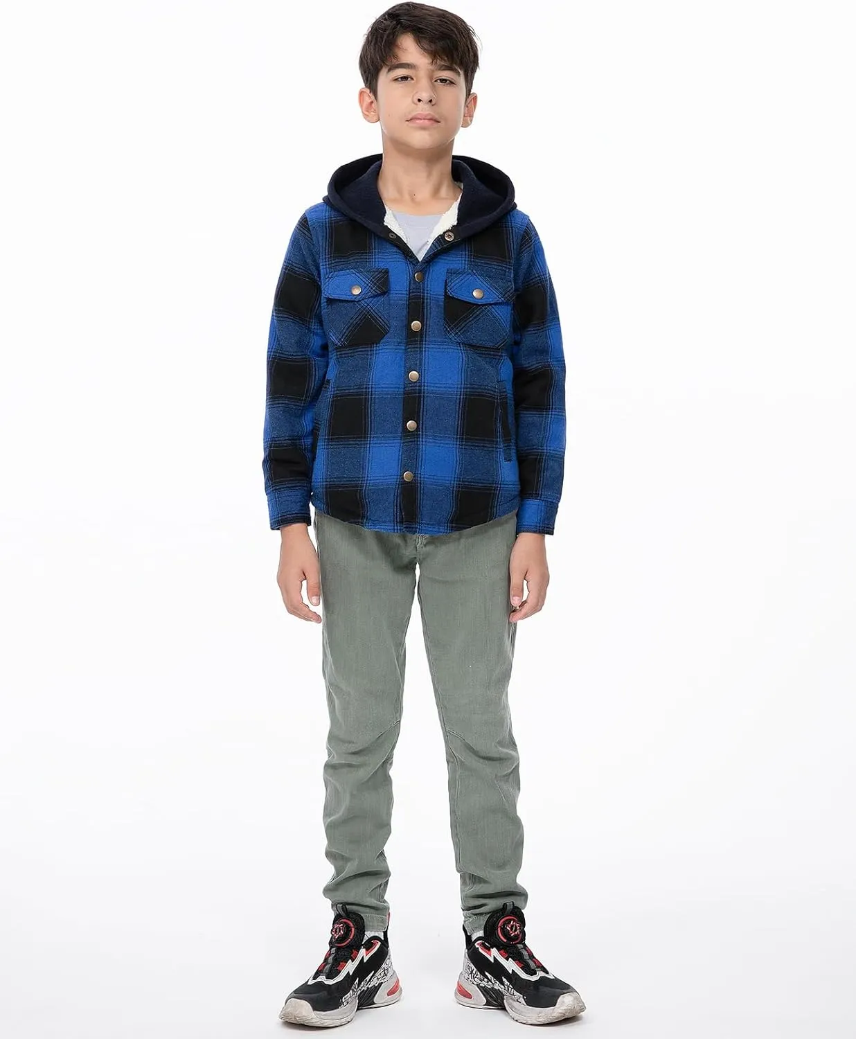 ZENTHACE Kids Boys Girls Sherpa Lined Flannel Shacket Jacket,Hooded Plaid Snap Shirt,Fall Winter Playwear