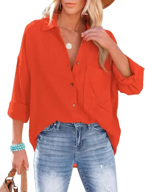 Zontroldy Oversized Button Down Long Sleeve Shirts for Women Solid Color Casual Boyfriend Shirt Boluse Tops